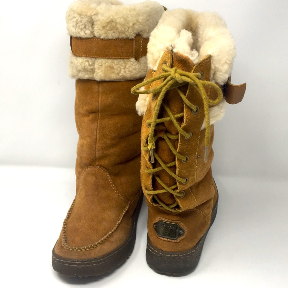 BearPaw Lace Up Suede and Shearling Boots